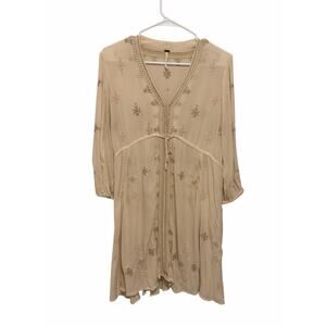 Free People Women's Small Cream Star Gazer Embroidered Long Sleeve V-Neck Dress